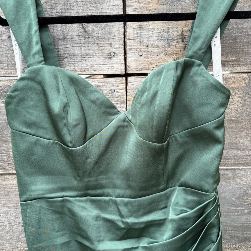 Azazie Mila Stretch Satin Eucalyptus A10 - Picture 3 of 6
